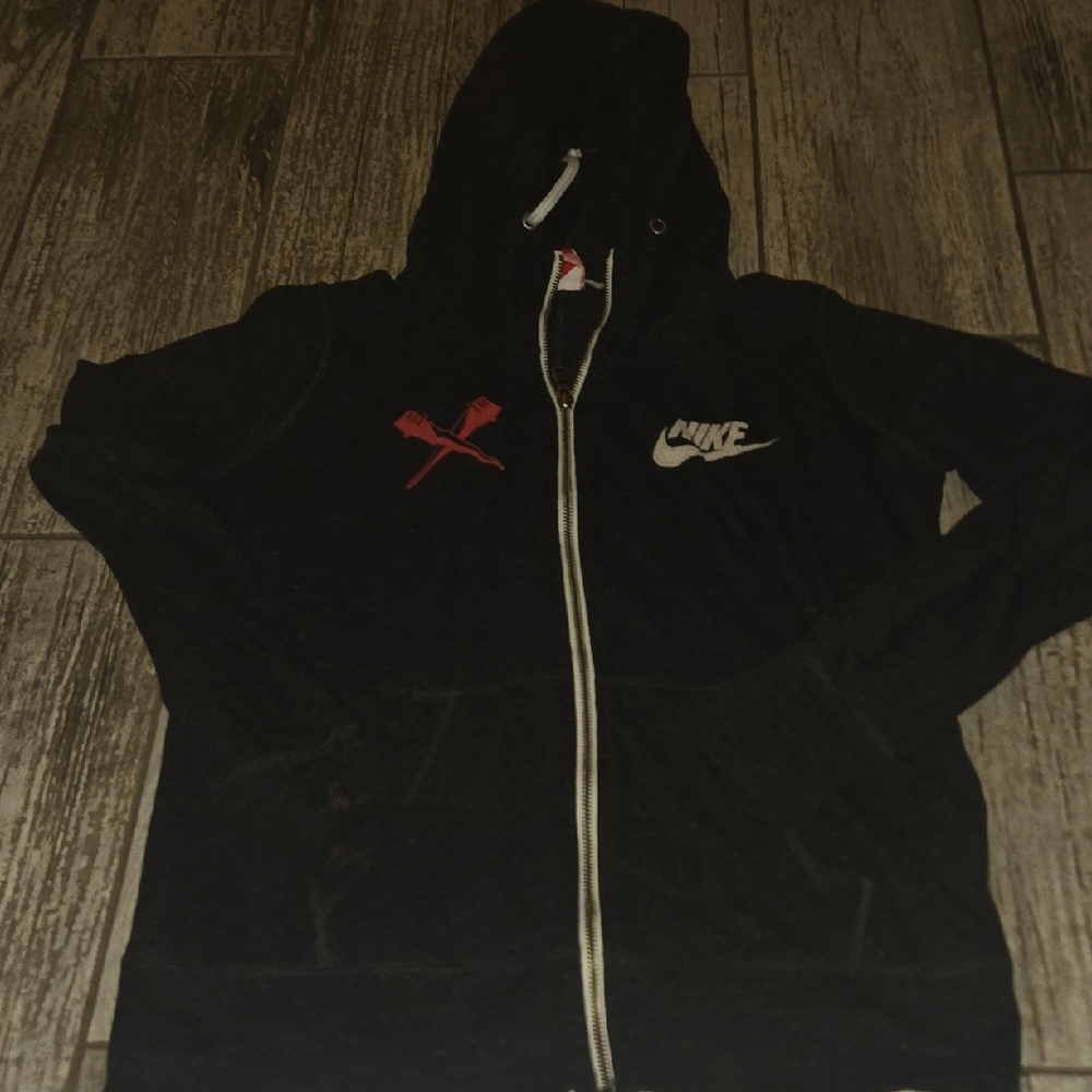 Nike Grey Hoodie with Red Graphic and White Logo